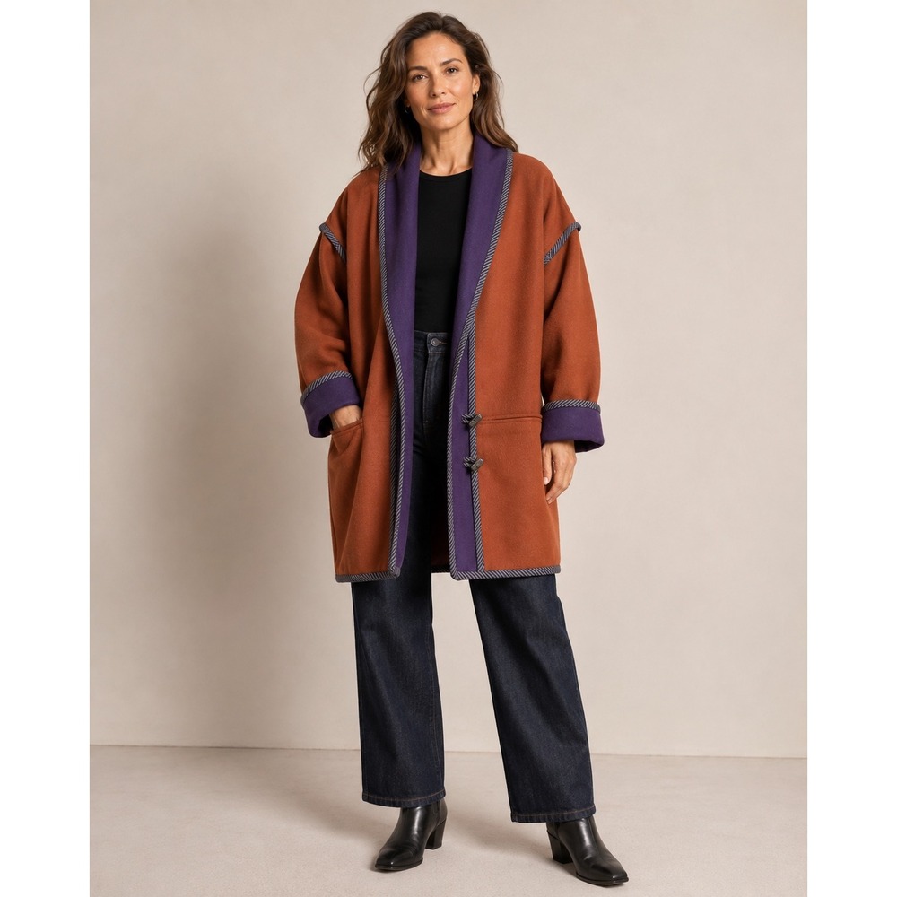 Vintage Beppa 100% Wool Colorblock Coat M Southwestern Lagenlook Oversized